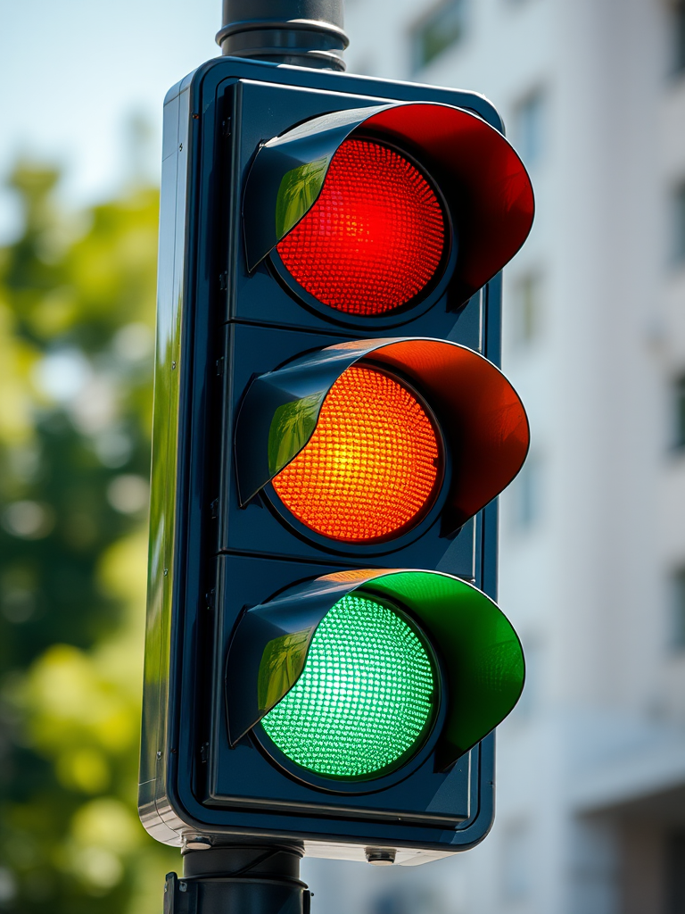 Create a high-resolution image of a traffic light with a red, yellow, and green light, using a 50mm lens, f/2.8 aperture, ISO 100, and a shallow depth of field to highlight the colors, captured in bright daylight with a digital DSLR camera.