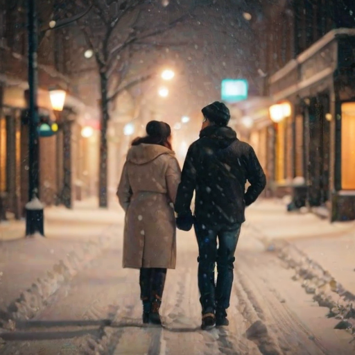 Blurry, candid shot of a couple walking hand-in-hand through a snow-covered street at night, soft glow from streetlights illuminating their path, snowflakes gently falling around them, the sound of soft footsteps crunching in the snow.