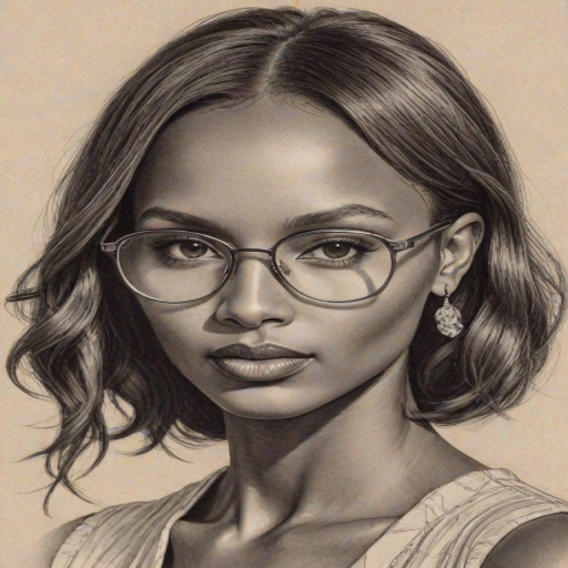 Alluring Jasmine Tookes, pencil sketch, portrait of Splendid woman 1928s in glasses, hair style beatnik, outline, clear lines, fine lines, 8k