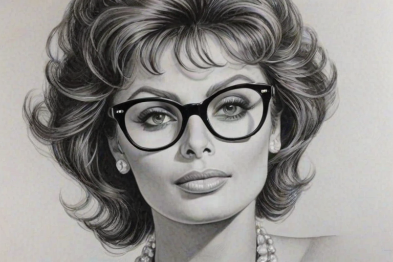 Elegant Sophia Loren, pencil sketch, portrait of Charming woman 1979s in glasses, hair style beatnik, outline, clear lines, fine lines, 8k