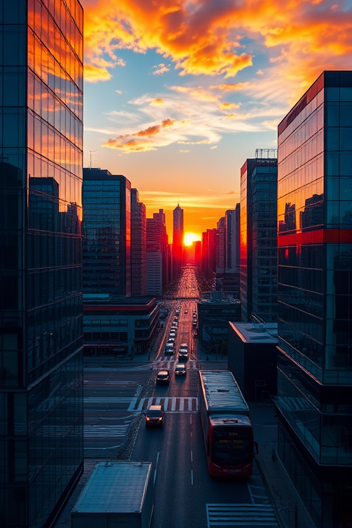 Create a high-resolution image of a modern city skyline during sunset, with vibrant colors reflecting on glass buildings, using a DSLR camera, 50mm lens, aperture set to f/1.8, shutter speed at 1/200s, ISO 100, and a panorama view for a wide landscape framing.