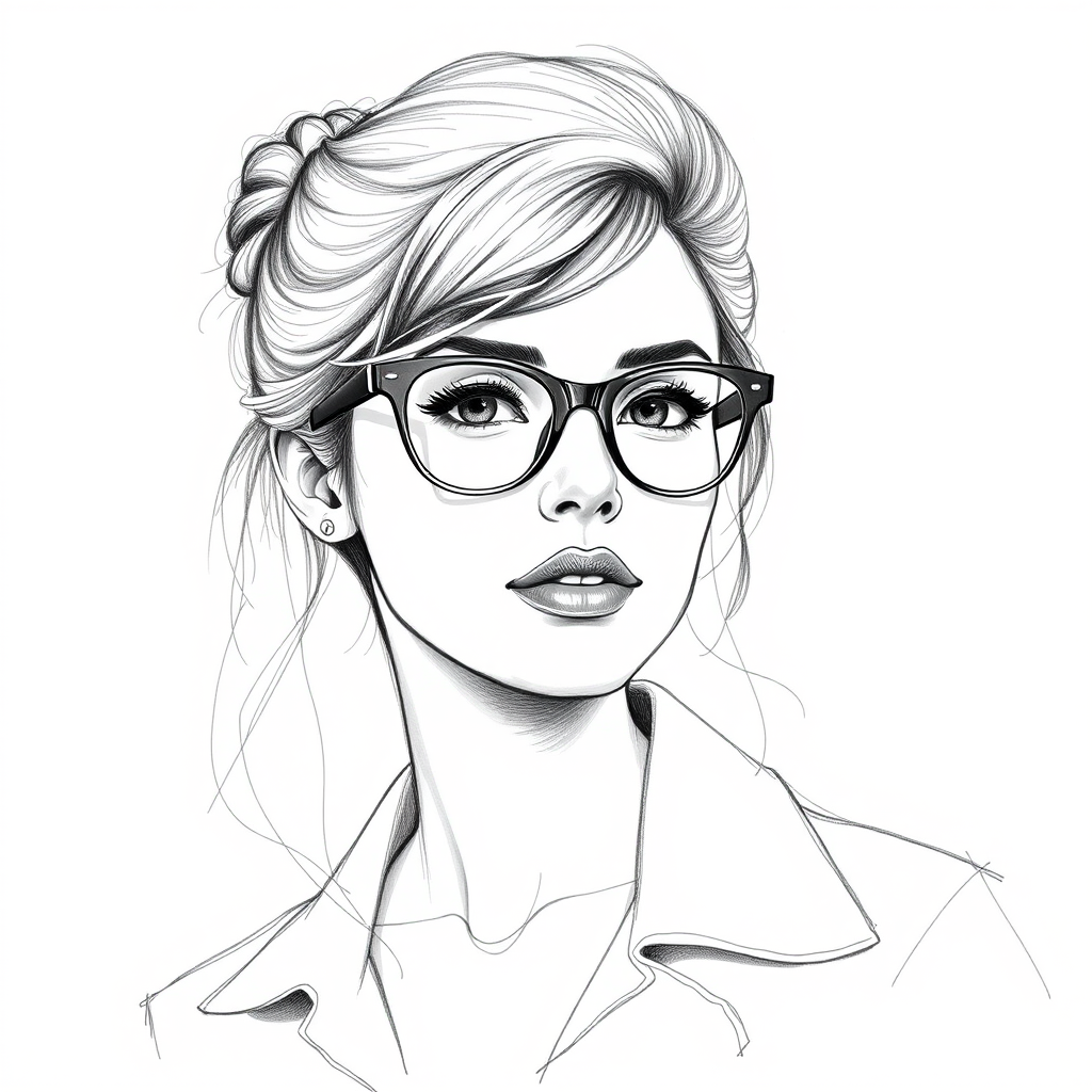Lovely Ashley Benson, pencil sketch, portrait of Attractive woman 1960s in glasses, hair style beatnik, outline, clear lines, fine lines, 8k