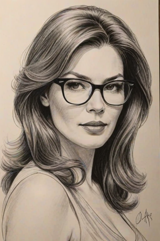 Bewitching Laura Harring, pencil sketch, portrait of Gorgeous woman 1977s in glasses, hair style beatnik, outline, clear lines, fine lines, 8k