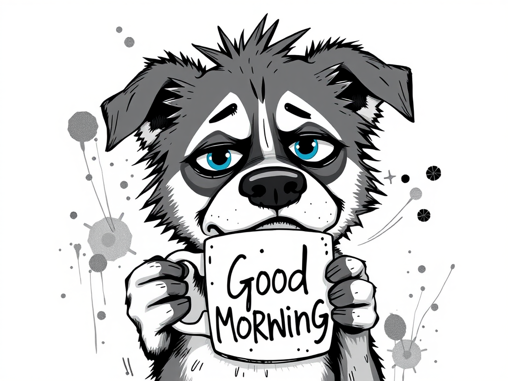 A quirky, artistic illustration of a disheveled akita pit dog breed with exaggerated, large eyes and spiky fur, holding a coffee mug that reads "Good Morning". The dog has a tired but humorous expression, with ink splatters and abstract details surrounding it, giving a whimsical feel to the image. The color palette is mostly monochrome with hints of blue in the eyes and steam rising from the mug, enhancing the overall sleepy vibe