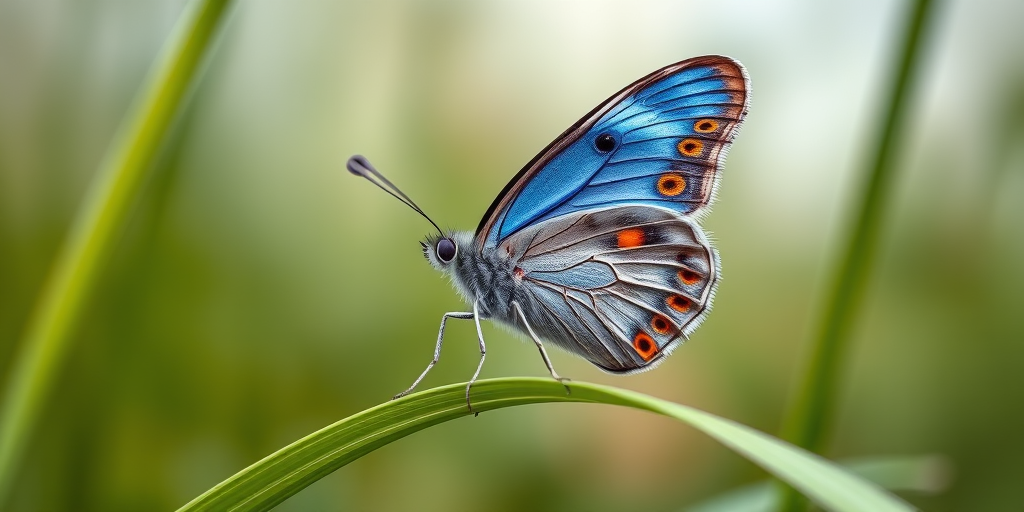 Generate a close-up image of a butterfly resting on a green blade of grass, showcasing its vibrant blue wings with orange spots and delicate antennae, in a softly blurred natural background.
