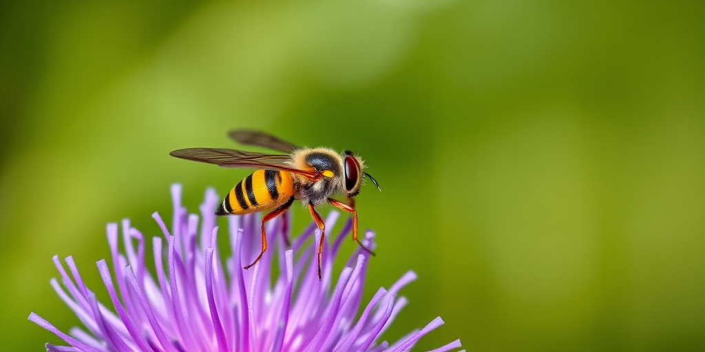 macro photography of a yellow and black striped hoverfly on a purple thistle flower with a blurred green background, aperture f/2.8, shutter speed 1/200s, ISO 100, 100mm lens, natural sunlight, DSLR camera