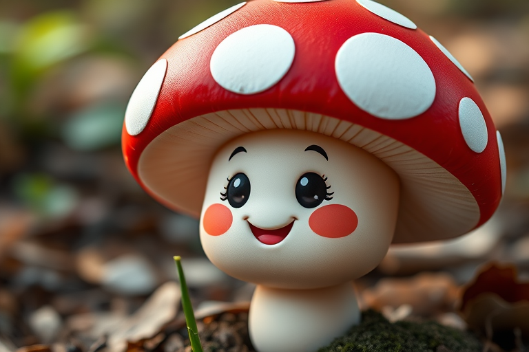 Create a cute cartoon mushroom character with a large red cap featuring white spots, a smiling face, and rosy cheeks, using a Canon EOS 5D Mark IV, 50mm lens, f/2.8 aperture, ISO 100, and soft natural lighting to enhance colors and details.