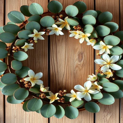 Circular arrangement of eucalyptus leaves and flowers on a wooden frame with soft natural lighting, macro view, aperture f/2.8, ISO 100, 50mm lens, DSLR camera.