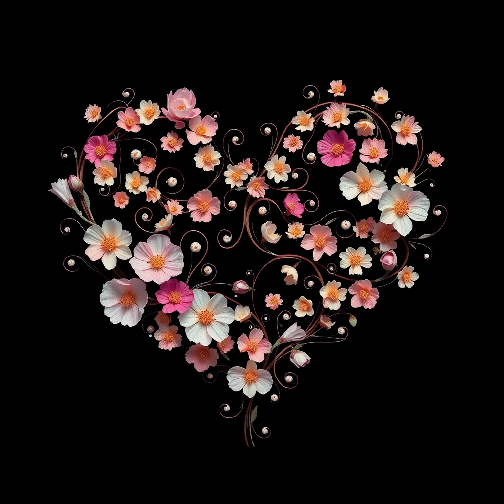 Create a heart shape filled with intricate swirling floral patterns set against a solid black background, captured with a Nikon D850, 50mm lens, f/1.8 aperture, ISO 100, in a high-resolution macro photography style.
