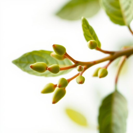 Regenerate a detailed botanical illustration of a green branch with small buds on a transparent background, using a Canon EOS R5 with a 50mm lens, f/2.8 aperture, 1/200 sec shutter speed, ISO 100, daylight balanced lighting, and in a macro photography style.