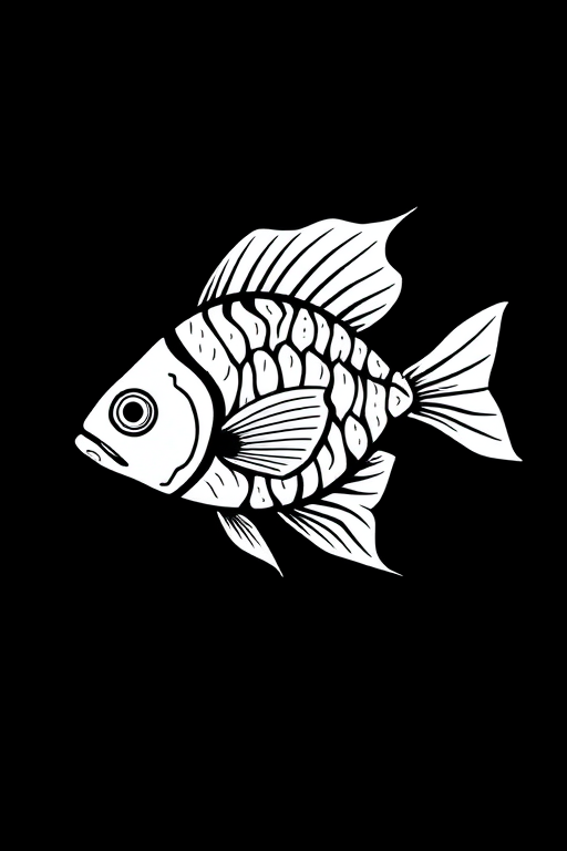 Create a high-contrast black and white illustration of a stylized fish with leaf-like fins on a black background, captured in a flat lay view using a DSLR camera at f/8 aperture, ISO 100, with natural soft lighting for even illumination.