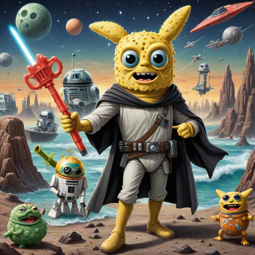 Create a parody of the Star Wars poster with SpongeBob as Luke Skywalker, holding a glowing spatula like a lightsaber. Patrick Star takes the role of Han Solo, holding a blaster, while Squidward is Obi-Wan Kenobi, draped in robes. In the background, Plankton appears as Darth Vader, with Bikini Bottom’s landmarks reimagined as spaceships and planets. The iconic Star Wars logo is swapped for "Sponge Wars," creating a playful, sci-fi adventure scene.