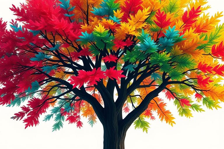 Generate a high-resolution illustration of a tree with colorful, abstract fingerprint-like leaves in vibrant red, blue, green, and yellow hues, using a DSLR camera with a 50mm lens, f/1.8 aperture, 1/200 shutter speed, ISO 100, shot from a low angle to emphasize the tree's grandeur, in a bright and evenly lit environment.