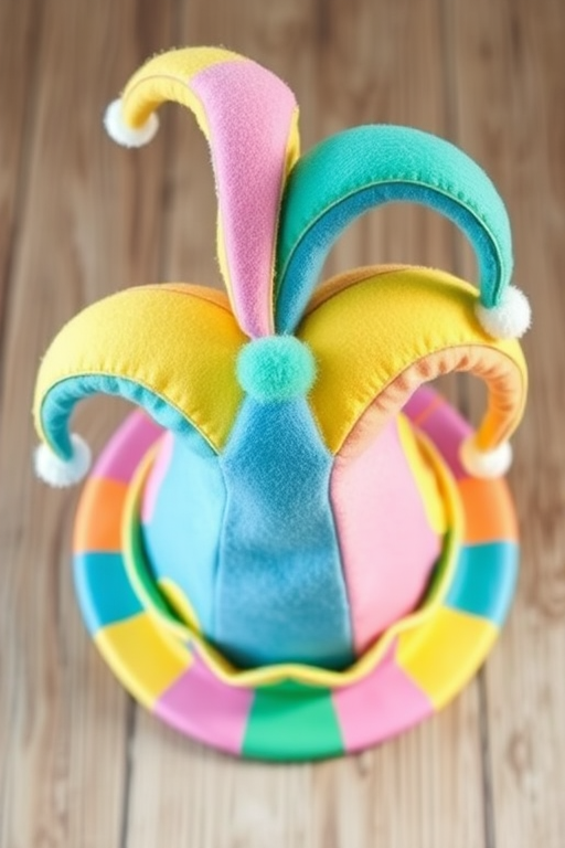Create a colorful jester hat with a playful design featuring pastel colors like pink, yellow, blue, and green, shot with a DSLR camera at f/2.8, ISO 100, 50mm lens, top-down view, with soft natural lighting to enhance vibrancy and detail.