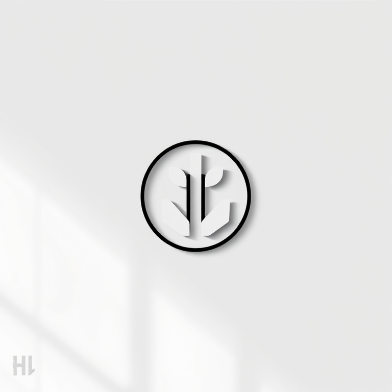 Generate a high-quality image of a minimalist modern logo design with a monochrome color scheme, using a DSLR camera, 50mm lens, aperture f/1.8, ISO 100, shot at eye level with soft natural lighting for enhanced clarity and contrast.