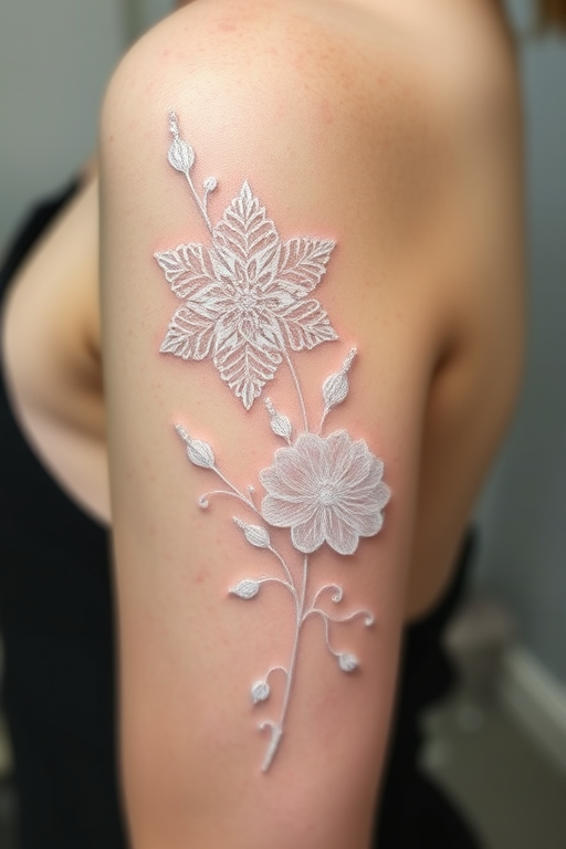 Delicate white ink tattoo called "Ethereal Whispers" featuring lace-like patterns and botanical motifs that appear to float ethereally on the skin in varying levels of opacity