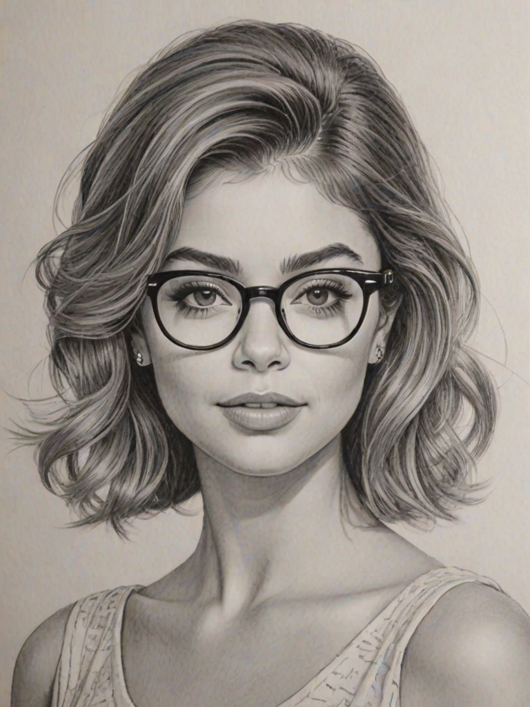 Ravishing Sarah Hyland, pencil sketch, portrait of Stunning woman 1958s in glasses, hair style beatnik, outline, clear lines, fine lines, 8k