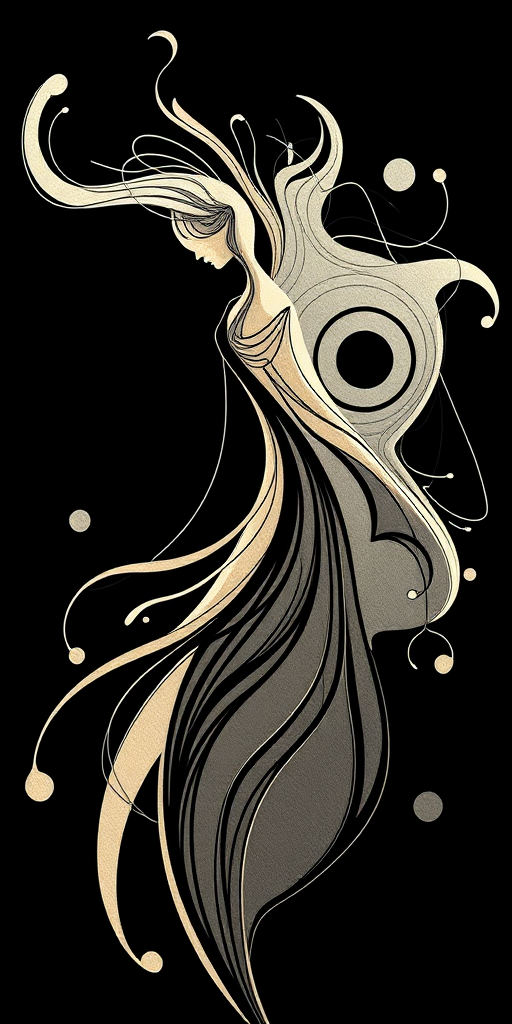Generate a high-resolution image of an abstract artistic figure with flowing lines and circular patterns, using a DSLR camera, 50mm lens, f/2.8 aperture, ISO 100, shot in natural light from a side angle, enhancing contrast and clarity.