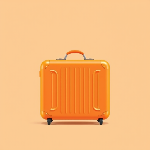 Create a vector illustration of an orange suitcase on a light peach background with a clean, minimalist design, use a Canon EOS 5D Mark IV camera with a 50mm f/1.8 lens, set aperture to f/8 for sharp detail, ISO at 100 for maximum quality, and a slight vignette effect for emphasis.