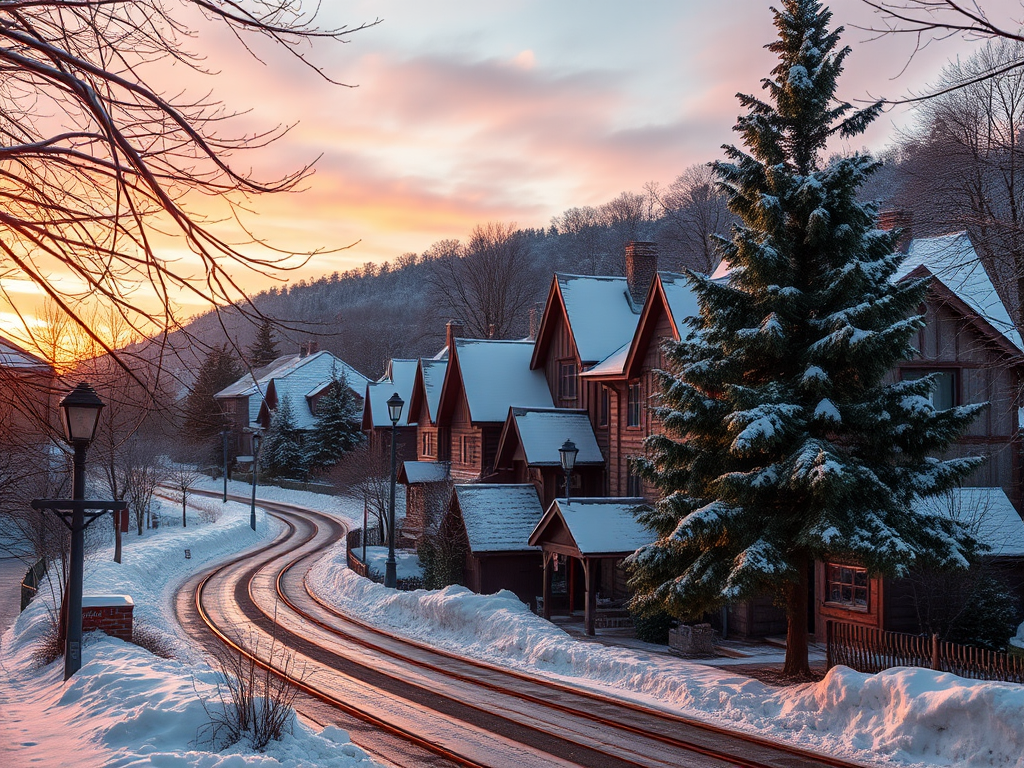Create a picturesque winter scene of a quaint village at sunset with intricate details in the trees and houses, using a DSLR camera with a 50mm lens, aperture f/8, ISO 200, and a low-angle view for enhanced depth and vivid colors.