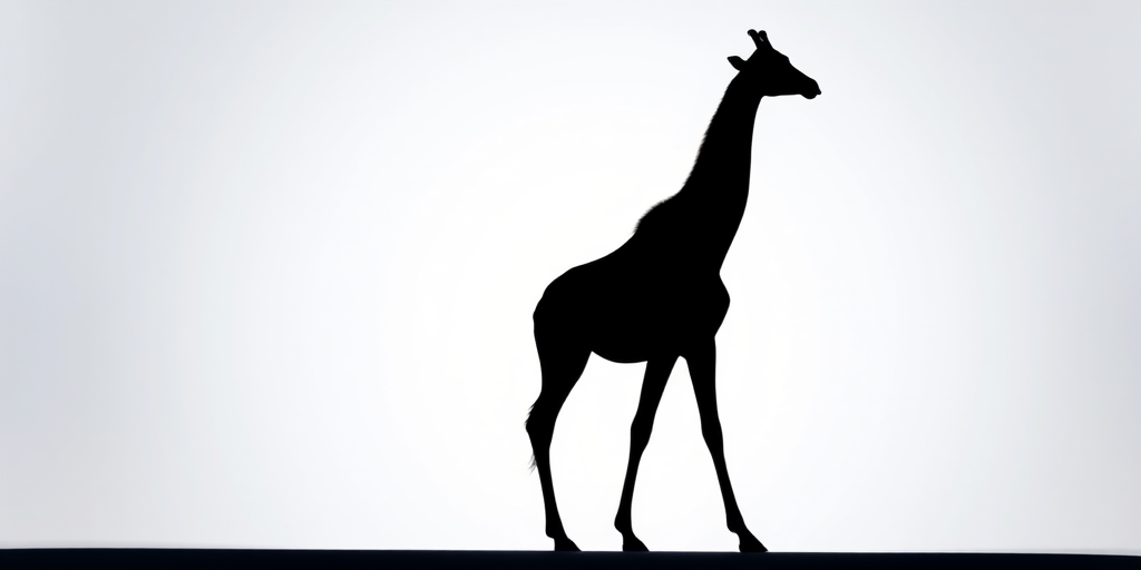 A silhouette of a giraffe in deep blue against a white background, captured with a 50mm lens, aperture f/2.8, ISO 100, soft diffused lighting, shot from a low angle to emphasize height, in a studio photography style using a digital DSLR camera.