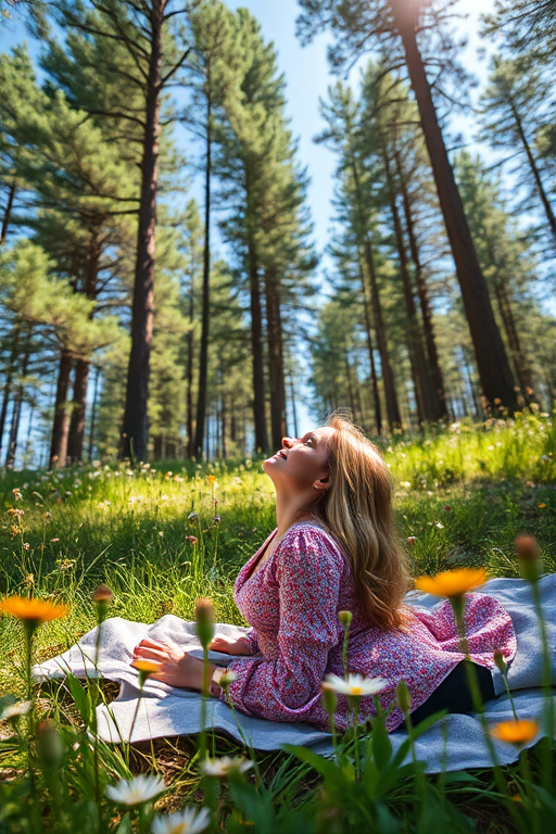 Sun-dappled forest clearing, with wildflowers growing in abundance, a woman in a sundress lies on a blanket, staring up at the clear blue sky through the branches of tall trees.