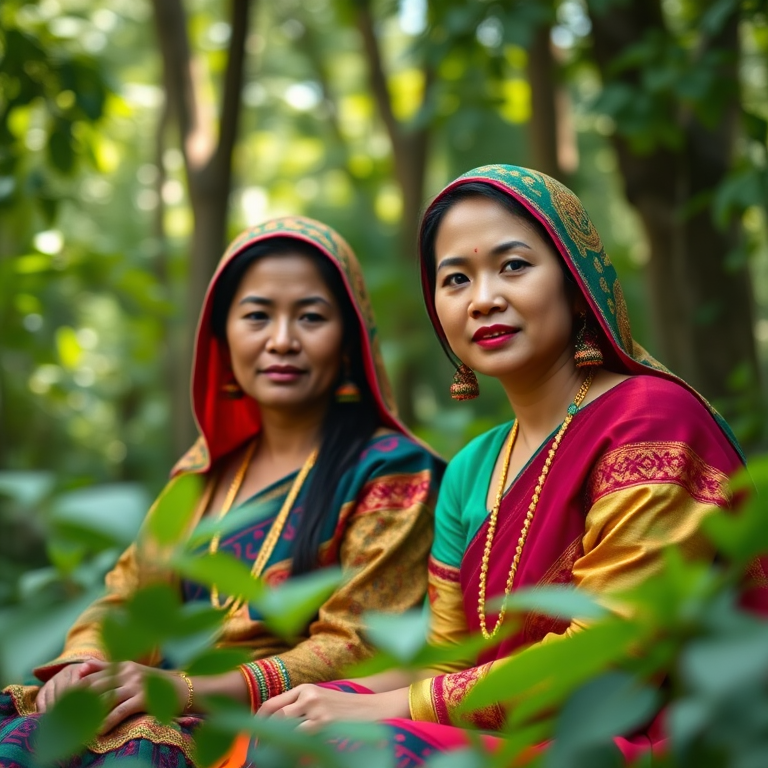 Portrait of two women in vibrant traditional attire seated in a lush green forest, soft natural lighting, Canon EOS R5, 85mm lens, f/1.8 aperture, ISO 100, shallow depth of field, slightly elevated angle for a dynamic perspective.