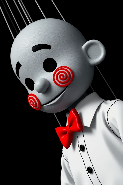 Create a digital illustration of a puppet-like character with a gray face, red spiral cheeks, and a red bow tie against a black background, using a Canon EOS R5 with a 50mm f/1.2 lens, aperture set to f/2.8, ISO 100, and a low-angle view to enhance depth and focus on details.