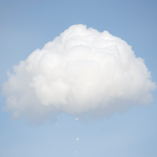 Create a detailed, high-resolution image of a fluffy cloud with snowflakes gently falling from it, using a DSLR camera with a 50mm lens, aperture set to f/2.8, ISO 100, shutter speed 1/200s, taken from a slight low angle to enhance depth and clarity, in bright daylight to emphasize whiteness and texture.