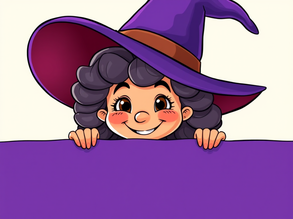 Create a vibrant cartoon illustration of a smiling witch with curly hair wearing a pointed hat, peeking over a blank purple banner, using a DSLR camera at f/2.8 aperture, 50mm lens, natural lighting, and a 1/125 second shutter speed for sharp details and vivid colors.