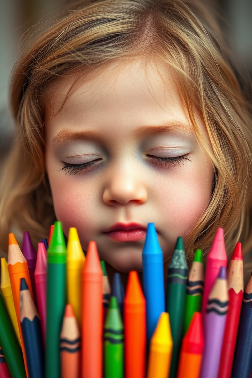 a portrait of a young girl with closed eyes surrounded by colorful crayons, city skyline blending with her hair, soft focus, taken with a Canon EOS R5, 50mm lens, f/1.8 aperture, ISO 100, natural light, high dynamic range photography, vibrant colors