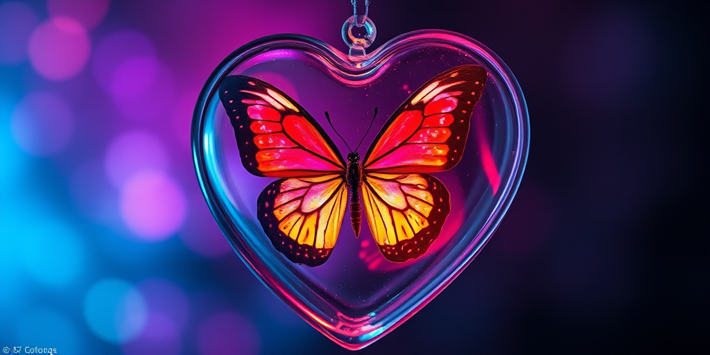 Create a surreal image of a glowing butterfly encased in a heart-shaped glass, with vibrant colors and ethereal lighting, using a DSLR camera with a 50mm lens, aperture set to f/1.8, ISO 200, and shot at a 45-degree angle to enhance depth and detail.