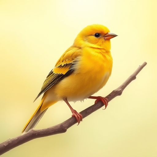 create a vibrant illustration of a yellow canary perched on a branch with detailed feathers and a soft gradient background