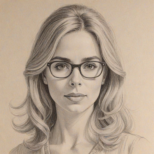 Delightful Kerry Butler, pencil sketch, portrait of Graceful woman 1968s in glasses, hair style beatnik, outline, clear lines, fine lines, 8k
