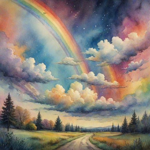 A whimsical and surreal sky with a vibrant rainbow, featuring dramatic lighting effects and a textured watercolor background, with a touch of gothic aesthetic.