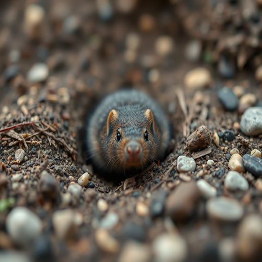 close-up of a cute mole peeking out of its burrow surrounded by soil and small pebbles, shallow depth of field, 50mm lens, f/2.8 aperture, ISO 100, soft natural lighting, DSLR camera, low angle view