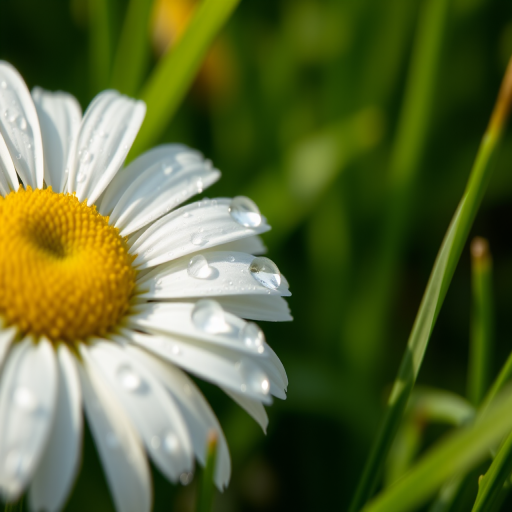 close-up of a daisy flower with dew drops on petals surrounded by soft blurred greenery, taken with a Canon EOS 5D Mark IV, 100mm f/2.8 macro lens, f/4 aperture, ISO 100, 1/200 sec shutter speed, natural soft lighting