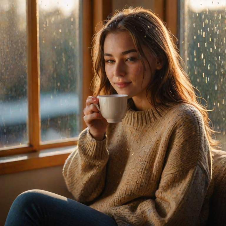 Warmly lit photo of a young woman sitting by a large window, sipping tea as sunlight streams in, her soft sweater illuminated in the golden glow, and rain droplets gently falling on the glass.