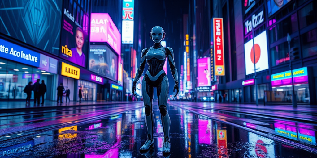 A futuristic female android in a neon-lit city at night, standing confidently in the rain, reflective puddles on the ground, vibrant billboards illuminated in the background, camera settings: f/2.8 aperture, ISO 400, 1/60 shutter speed, camera view: low angle perspective, camera style: cinematic, camera type: DSLR.