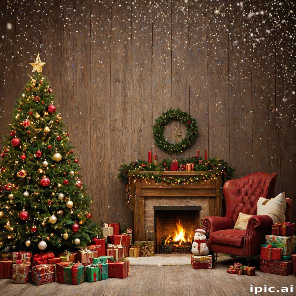 Cozy Christmas Scene with Tree, Gifts, and Warm Fireplace Decor