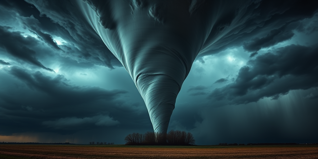 Create a hyper-realistic image of a tornado with a dark stormy sky background using a DSLR camera, aperture f/8, ISO 100, shutter speed 1/500s, wide-angle lens, and high dynamic range imaging.