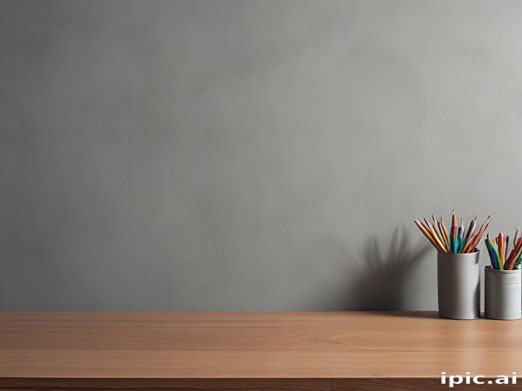 Minimalist Workspace with Wooden Table and Colorful Pencils in Holder