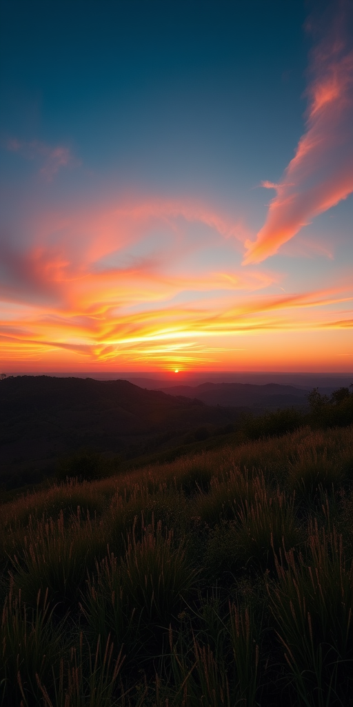 Create a high-resolution image of a serene landscape at sunset with vibrant colors, using a Canon EOS R5, focal length 24mm, aperture f/8, ISO 100, shot in landscape orientation with natural lighting.