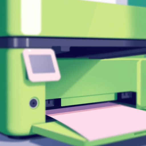 Create a digital illustration of a modern green printer with paper coming out, focused close-up, bright colors, soft shadows, shot with a digital camera at f/2.8 aperture, ISO 100, with a shallow depth of field and vibrant saturation.