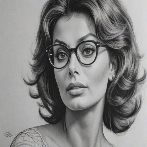 Beautiful Sophia Loren, pencil sketch, portrait of beautiful woman 60s in glasses, hair style beatnik, outline, clear lines, fine lines, 8k