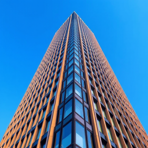 Create an illustration of a modern skyscraper with a sharp, triangular design and detailed facade in a clear blue sky background, captured with a DSLR camera at f/8, ISO 100, 24mm lens, high dynamic range, and vibrant colors.