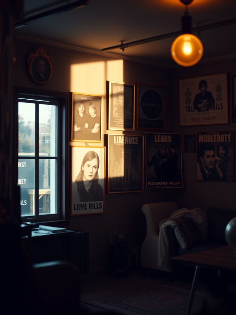 Capture a dimly lit room featuring iconic band posters and vintage photographs on the wall with a shallow depth of field, using a Canon EOS R5, 50mm lens, aperture f/1.8, ISO 800, shutter speed 1/60s, soft natural light for a warm ambiance.
