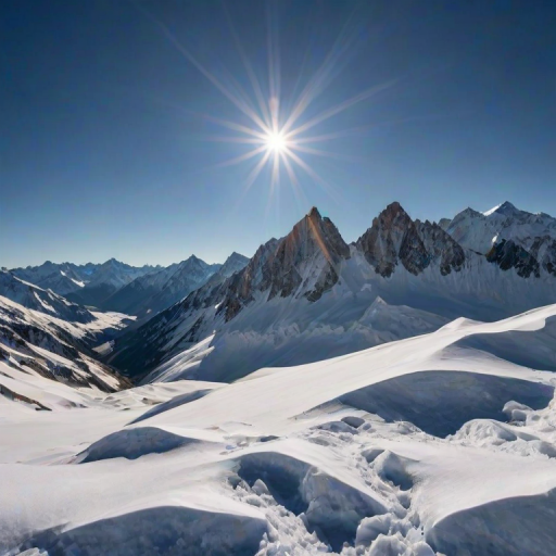 a high-resolution image of majestic snow-covered mountains under a clear blue sky, showcasing sharp peaks and rocky textures with a bright sun illuminating the scene