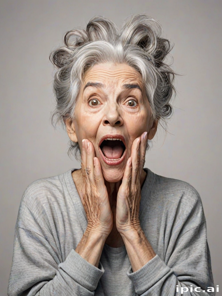 scribbly unfinished sketch, old lady with messy gray hair in a loose bun, surprised expression, mouth open, hands clasped together in front of her chest. Her eyes are wide, eyebrows are furrowed. vibe of shock or surprise.