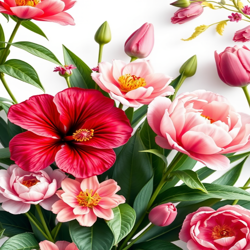Create a vibrant botanical illustration featuring various flowers including hibiscus, peonies, and tulips, positioned artistically with lush green leaves, captured in high resolution using a Canon EOS R5 with a 50mm f/1.2 lens, at f/8 for sharp detail, in natural light for enhanced color accuracy, with a macro photography style to emphasize the intricate details of each flower.